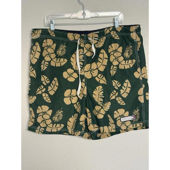 Tommy Hilfiger Classic Surf Swim Trunks M Green Tan Floral Hawaiian Board Shorts - Picture 1 of 8